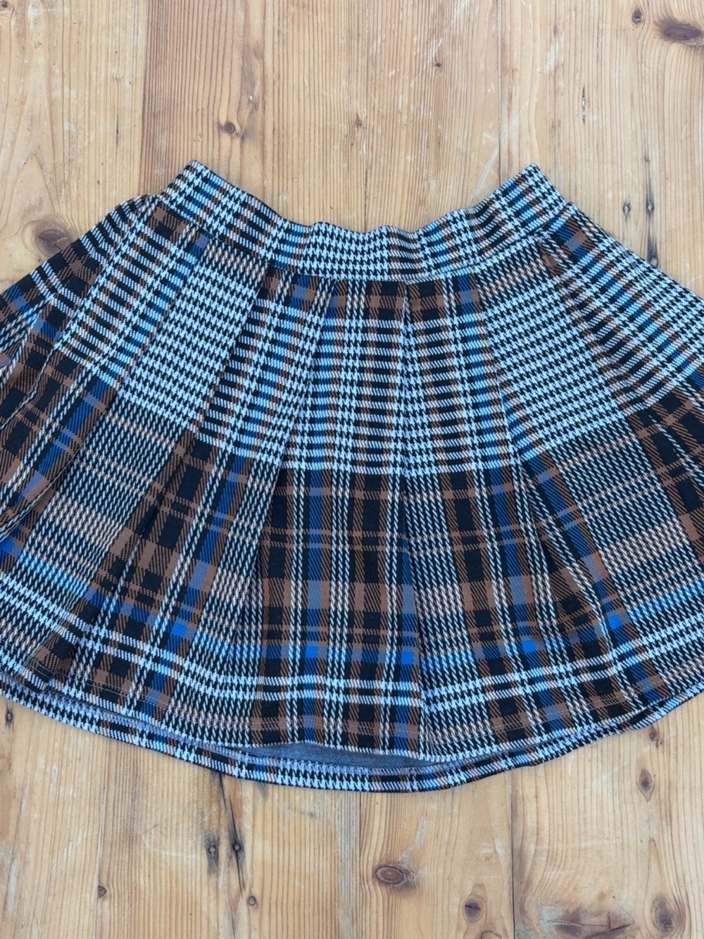 Pleated Plaid Skirt in Brown, Blue & Black